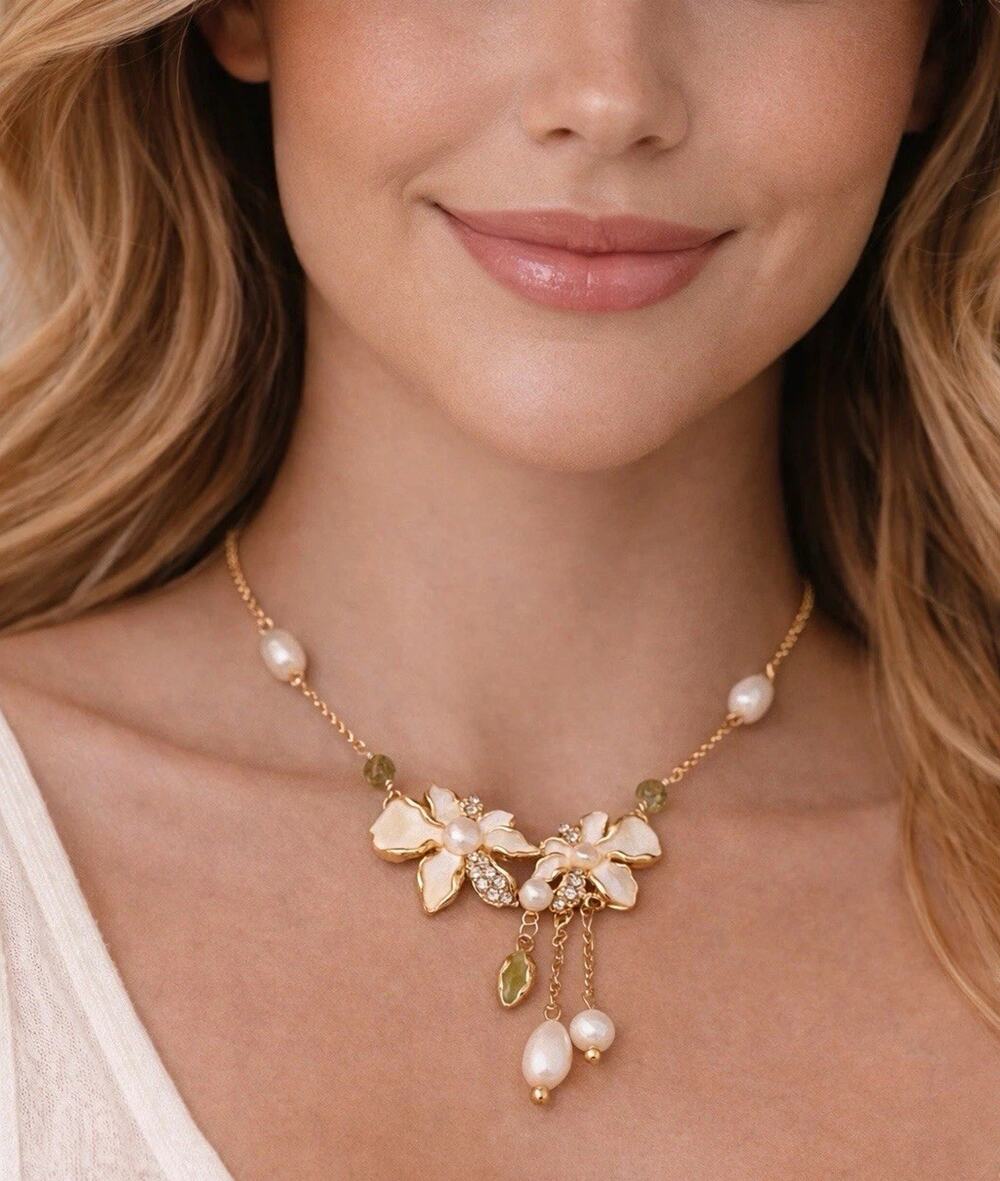 Flower Baroque Pearl Necklace Gold Boho CZ Artisan Cottagecore VTG Fairycore VTG